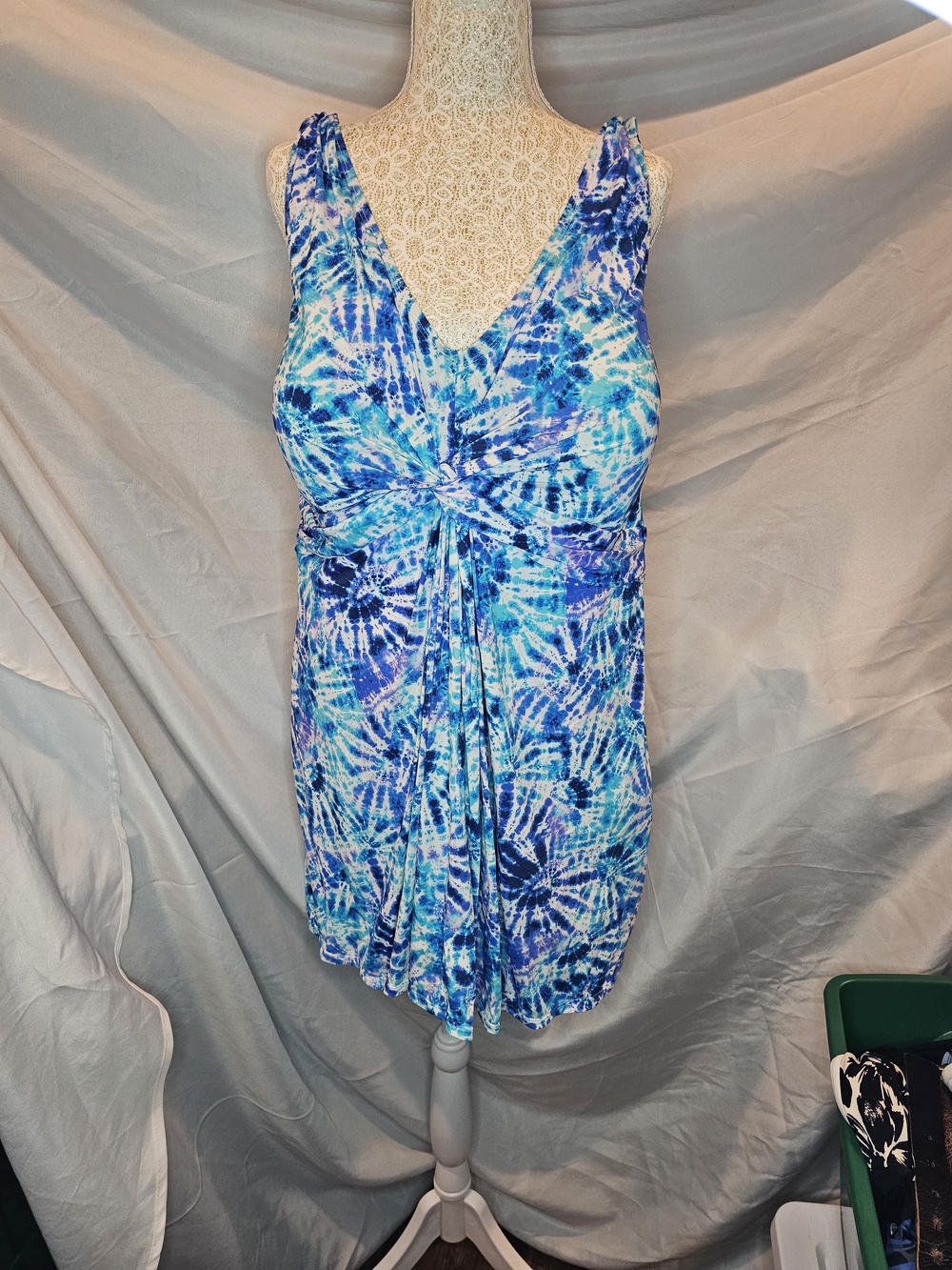 Swimsuits For All Blue & Teal Tie-Dye V-Neck Bathing Suit Dress  Sz 28